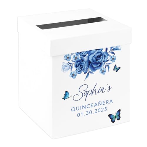 Andaz Press Custom Quinceanera Card Box for Party, Mis Quince 15 Quinceanera Decorations for Cards, Cash Gifts, Blue Florals & Butterflies Memory Box, XV Birthday Decor, 10x10x10 Inch