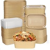 50 Pack 25oz Compostable Take Out Paper Food Cardboard Containers with Lids, Disposable Kraft Paper to Go Boxes, Microwave and Freezer Storage Safe for Salad, Leftovers, Soup, Snack
