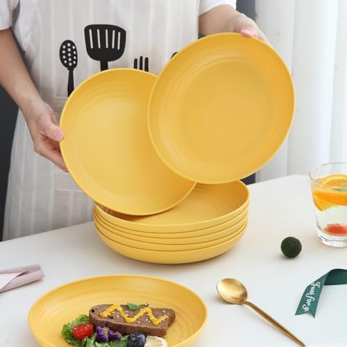 Image of Wheat Straw Dinner Plate Set, Eco-Friendly Dinner Set Round Serving Plate, Dishwasher & Microwave Safe - Perfect for Dinner Dishes Deep Plates Easy to Clean (YELLOW-4PCS, 23 CM)