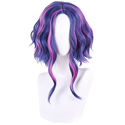maysuwell Anime Game Pink and Purple Blue Short Wavy Wig Women Neon Mardi Gras Hair Adult Cosplay Wig Nagant1895 Halloween,Christmas,Party