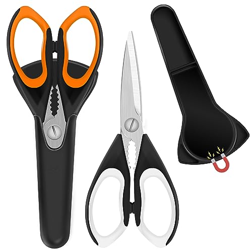 2 Pack Sharp Kitchen Scissors Set with Magnetic Holder, Heavy Duty Kitchen Shears Meat Scissors, Multifunctional Stainless Steel Cooking Poultry Scissors for Household School Picnic
