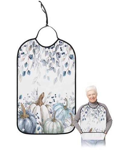 LEOKOTI Blue White Pumpkins Fall Adult Bibs for Eating, Waterproof Bibs with Food Catcher & Adjustable Snap Closure, Maple Leaf Thanksgiving Washable Clothing Protectors Adult Bibs for Elderly