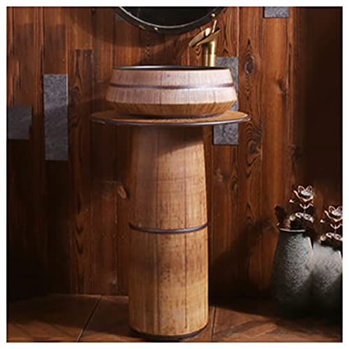 GLJTUO Baños Lavabo De Pedestal De Lujo De Cerámica Fregadero Independiente Redondo Fregadero De Lavabo De Pedestal Lavabo De Cerámica De Arte Independiente para Interior Y Ext(H with Mirror)