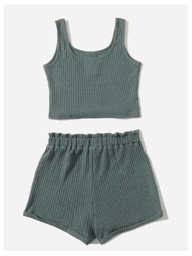 Image of RoseSeek Girl's 2 Piece Outfits Waffle Knit Scoop Neck Button Down Crop Tank Tops Paperbag Waist Track Shorts