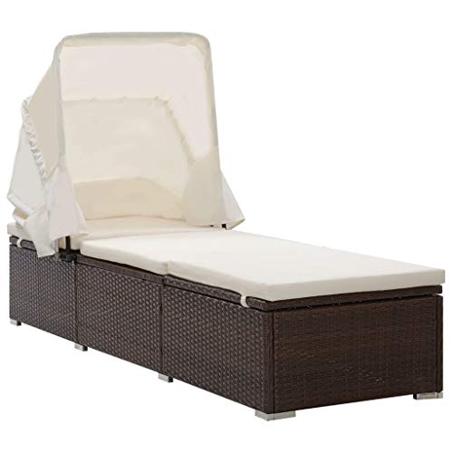 Vidaxl Patio Lounge Chair, Sunlounger With Backrest And Footrest, Sunbed With Foldable Canopy And Cushion, Reclining Chair, Poly Rattan Brown #TOP6