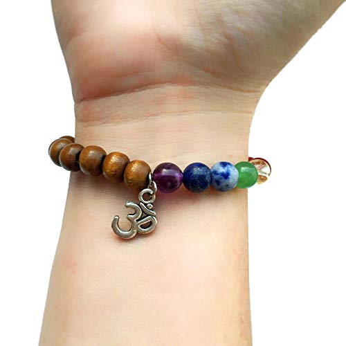 Pulseira dos 7 Cristais dos Chakras e Madeira Pingente OM