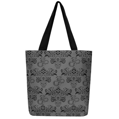 jejeloiu 16"x20" Damask Print Canvas Tote Bags Gothic Snake Large Capacity Shoulder Handbags Deep Grey Travel Beach Reusable Grocery Bag for Shopping Gym