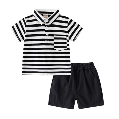 Image of Rngeddg Baby Boy Girls Toddler Summer Outfit Striped Short Sleeve T-shirt Elastic Waist Shorts 2 Piece Short Set (Black,2-3 Y)