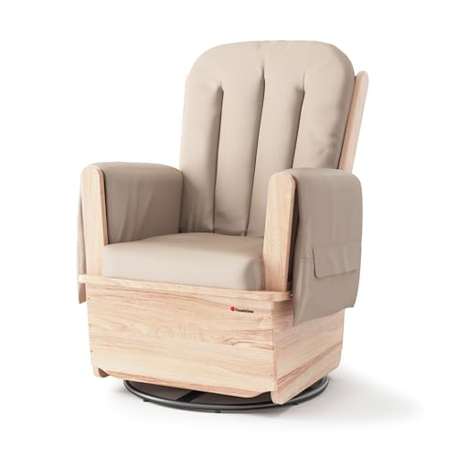 Foundations SafeRocker Glider Rocker with Steel Swivel - Baby Feeding and Rocking Chair for Nursery, Daycare Environment - Nursery Rocking Chairs with Wood Skirt Base - Tan Vinyl