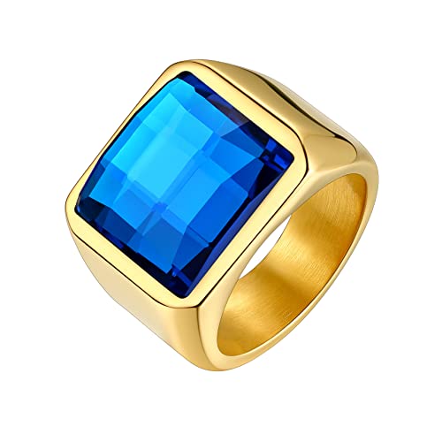 Bestyle Anillo para Hombre Oro Grande Anillos Sellos Cuadrado Anillo de Sello Hombre Oro Anillos con Piedras Azul Anillo de Acero Inoxidable para Hombre Tamaño 30