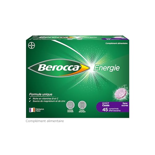 Berocca® Energie Cassis- Multivitamines et Minéraux -Vitamine C, B3, B5, B1, B12, Magnésium et Zinc - Complément alimentaire - Aide à réduire la fatigue - 45 comprimés effervescents