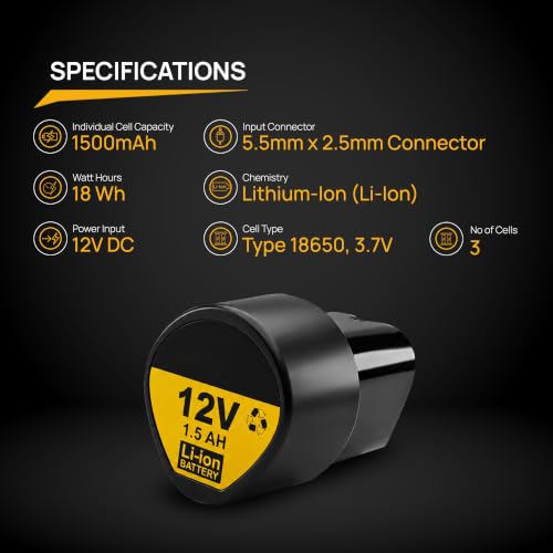 Image of Tomahawk TBA-1500 12V 1.5Ah Lithium-Ion Rechargeable Battery for Cordless Power Tools | Spare Battery for 12V Drill, Screwdriver & Power Tools | 3 x 18650 Cells with BMS Protection | 18Wh, 12 Volt