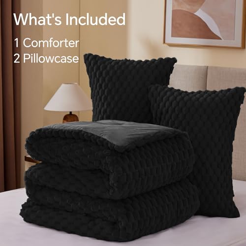 Image of BEDELITE Fluffy Cal King Comforter Set, Black Fleece Bed Set 3 Pieces