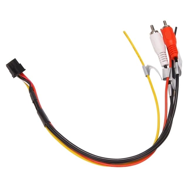 Image showing the wiring harness with labeled power wires and RCA connectors.