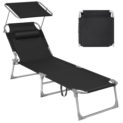 SONGMICS Bain de Soleil, Chaise Longue Pliable, 193 x 53 x 29 cm, Capacité de 150 kg, avec Pare-soleil, Appuie-Tête, Dossier Réglable, pour Jardin, Piscine, Terrasse, Noir GCB192B01