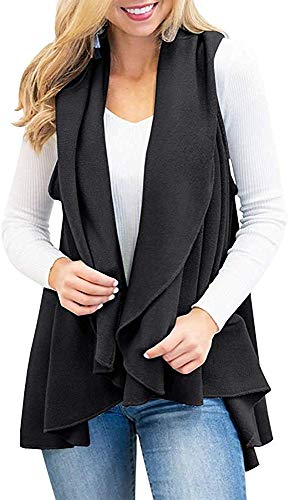 Unidear Women's Sleeveless Solid Draped Open Front Cardigan Vest Asymmetric Hem #3Black S