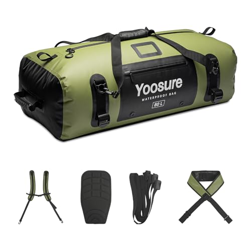 Image of 80L Waterproof Duffel Bag Motorcycle Dry Bag Backpack, Waterproof Zippered Bags with Backpack Spacer Pad for Kayaking Rafting Boating Canoeing Camping Paddle Beach (Green)