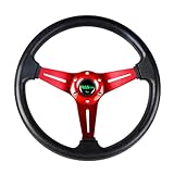 RASTP Universal Racing Steering Wheel 13.8”/350mm 6 Bolts Grip Vinyl Leather & Aluminum with Horn Button for Car -Red