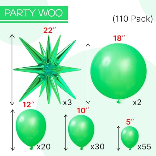 Image of PartyWoo Green Star Balloons 110pcs Different Sizes 18 12 10 5 Inch Pack 22 Inch Green Spike Star Explosion Foil Mylar Balloon Arch Kit for Birthday Engagement Party Decorations Green-Y24