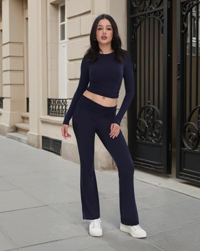 Image of ZOOSIXX Lounge Sets for Women - 2 Piece Outfits Crop Tops with Fold Over Flare Leggings Fall Loungewear Fitted Pajama