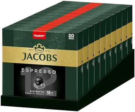 Jacobs Kaffeekapseln Espresso Ristretto, Intensität 12/12, 10 x 20 Getränke, Nespresso* kompatible Kaffee Kapseln, 200 Kapseln, dunkle Röstung