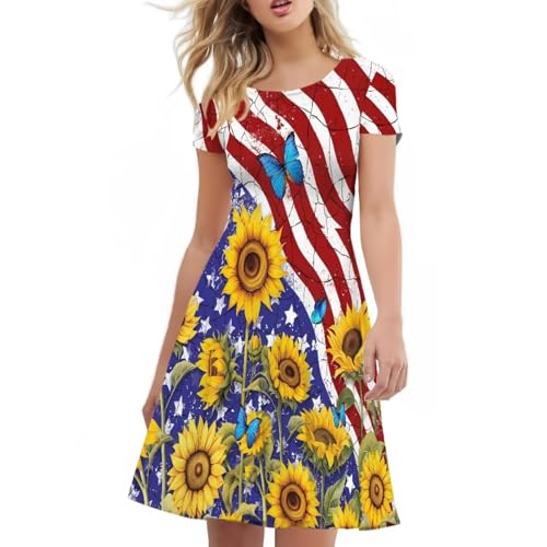 Image of HUGS IDEA Womens Puffy Swing Midi Dress Round Neck Short Sleeve Party A-Line Dresses