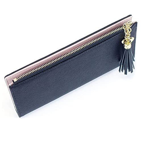 Image of SUMGOGO Wallets for Women Slim Clutch Purse Handbag Card Holder Womens Long Tassel Zipper Pocket Fashion Taiga Leather Billfold Wallet (Black)