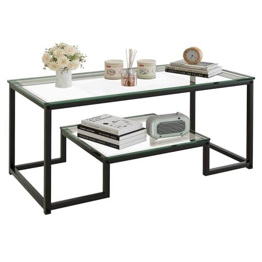 Huhote 2 Tier Coffee Table, Center Table, Tea Table, Living Room Table with Black Metal Frame, for Living Room Bedroom Office, Modern Open Design, 39.3 x 18.8 x 17.7 IN, Glass