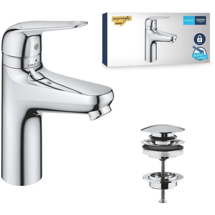 GROHE Swift QuickFix – bateria umywalkowa z zestawem odpływów wciskanych i blokadą zabezpieczającą przed dziećmi (rozmiar M 185 mm, wkład ceramiczny 28 mm, oszczędność wody, ogon, 3/20.3 cm, łatwy