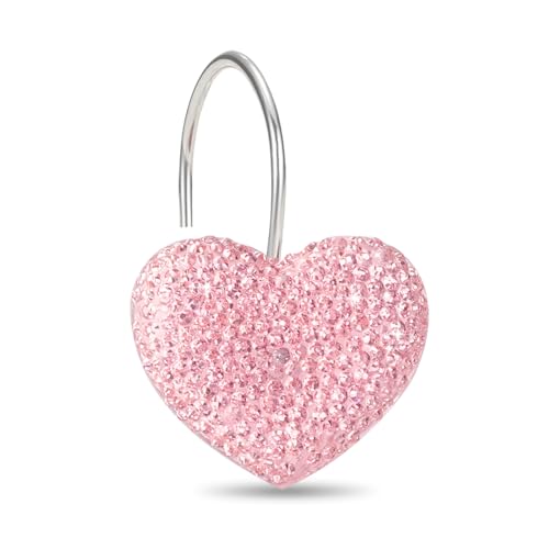 Pink Heart Shower Curtain Hooks Cute Sparkly Crystal Rhinestone Valentines Day Shower Curtain Rings Decorative Rhinestones Holder Bling for or Mother Daughter Sister Girl Friends Bathroom Accessories