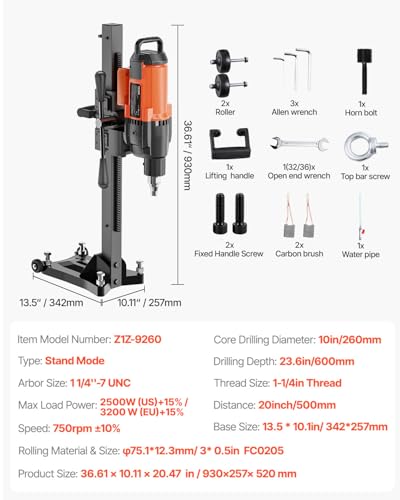Miniatura 7 de Vevor Taladro De Diamante Diámetro Máximo De 26 Cm Máquina Perforadora De Diamante Profundidad De 60 Cm Taladradora Diamantina Húmeda 2500 W 750 Rpm Para Agujeros Construcción De Hormigón Armado