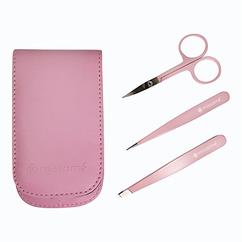 Precision Stainless Steel Eyebrow Tweezers Set In Pointed And Slanted Tip, Curved Brow Scissors, Comes With Pink Travel Case