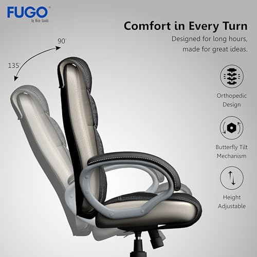 Image of FUGO FG10C Orthopaedic Office Chair, Adjustable Height, Tilting Mechanism, Heavy Duty Metal Base, Dual Nylon Casters, Comfortable Desk Chair for Work, 3 Years Warranty (Black and White)