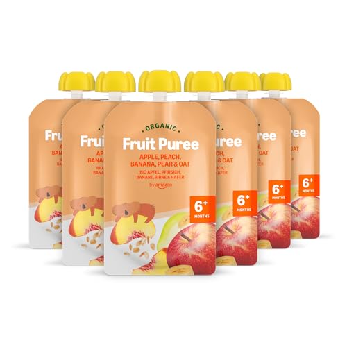 Marca Amazon - Mama Bear Bolsitas de Puré de manzana, melocotón, plátano y pera ecológicos con harina de avena ecológica, vegetariano, 90g, Paquete de 6