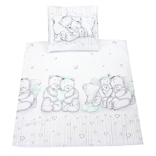 TupTam Baby Beddengoed voor Kinderwagen en Wieg 4-delig , Knuffelbeertjes Grijs / Munt, 80x80 cm
