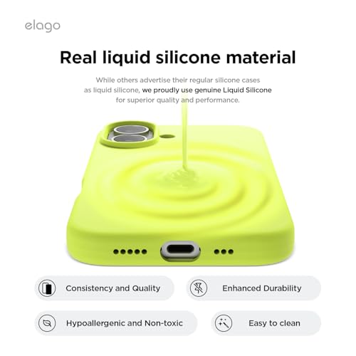Image of elago Compatible with iPhone 16 Case, Premium Liquid Silicone Case, Full Body Protective Cover, Shockproof, Slim Phone Case, Anti-Scratch Soft Microfiber Lining, 6.1 inch (Neon Yellow)