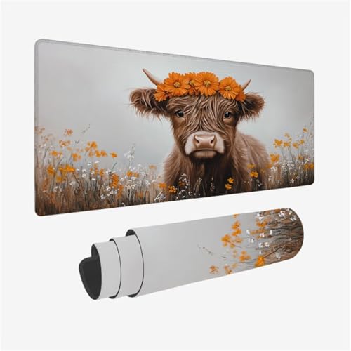 Alfombrilla Ratón XXL Gaming 900 x 300 x 3mm Grande Alfombrilla Ratón Ganado De Las Tierras altas Mousepad Flor Diseño con Base de Goma Antideslizante y Bordes Cosidos, Decoracion Escritorio, Model687