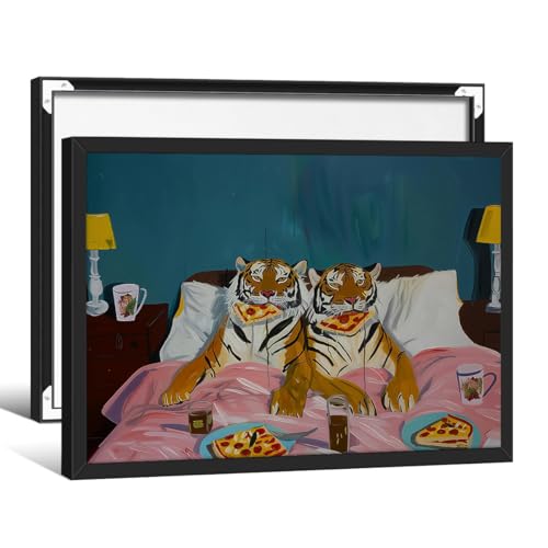 Funny Tiger Eating Pizza Posters Vintage Whimsical Animal Wall Art 08x10 inch Black Framed Trendy Dopamine Canvas Print Cozy Love Bedroom Decor for Couples