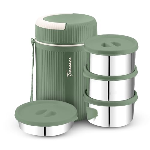 Image of Trueware Plastic Grub 4 Double Wall Insulated Hot Lunch Box with 3 Ss Container 300 Ml Each & 1 Ss Container 200Ml | Bpa Free | Food Grade | Hot and (LBI-GRB-004-Green BAZ)