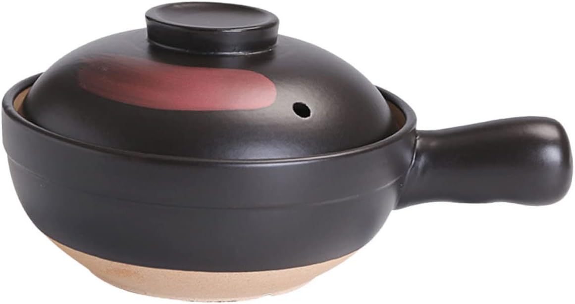 PRETYZOOM Large Black Red Patterned Clay Casserole Pot with Handle for Household Stove Use High Temperature Resistant Terracotta Cooking Pot for Stewing Soup Rice and Porridge with