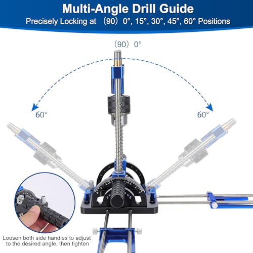 Portable Drill Guide, Adjustable 0°to 60°Multi Angle Drill Guide for Straight Holes, Drill Press Adapter for Hand Drill, with 1/2\" Chuck, Key, Guide Rod Precision Drilling Jig (blue) - Thumbnail 3
