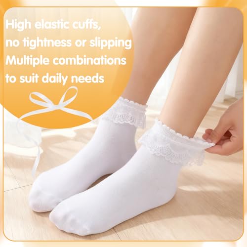 Image of Jspupifip 6 Pairs Lace Ruffle Frilly Crew Socks for Women Girls | Cotton Breathable Cute Princess Ankle Dress Lace Socks Thin Cool Casual Socks