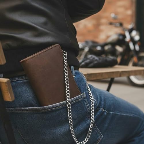 Image of CLASSIC Motorcycle Chain Wallet for Men - Premium Cowhide Leather, RFID Bi-Fold Biker Wallet with Heavy Duty ChainBikers Truckers & Hunters, Credit Card Money Organizer Long Wallet Crazy Horse Brown
