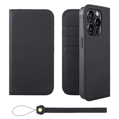 HANATORA for iPhone 15Pro ケース 手帳型 本革 スマホケース スマホ スタンド ストラップ 付き シュリンクカーフレザー ベルトなし マグネットなし ブラック H0XA-15Pro-Black ギフト 誕生日 女性 男性 彼女 お母さん お父さん 人気商品 30代 40代 50代 60代 70代