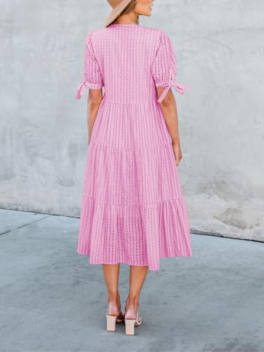 Image of Theenkoln Womens Casual Midi Dress: Short Sleeve V-Neck Empire Waist Gingham Spring Fashion Long Trendy Tiered Formal Dresses