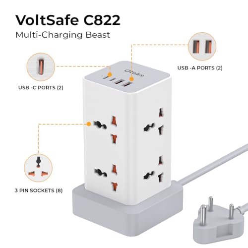 Image of OTEK Extension Board with 8 Universal Sockets 2 USB & 2 Type C Ports 2 Meter Cord 2500W 10A Surge Protector Master Switch Safety Shutter Multiplug Power Strip for Home Office White