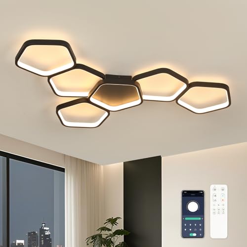 Kuwork LED Deckenleuchte Wohnzimmer Modern, 58W 3000k-6500k Deckenlampe LED Dimmbar mit Fernbedienung und App Steuerung, Nachtlicht und Timerfunktion für Deckenlampe Schlafzimmer, 90CM, Schwarz