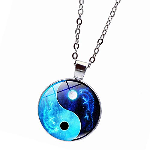 Saidian 2 Pcs Fashion Yin Yang Necklaces Glass Pendant Dragon Moon Pattern Chakra Pendants Silver Cabochon Glass Necklace Sweater Long Chain #TOP4