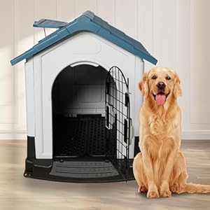Pitched Roof Dog House with Air Vents and Elevated Floor, 46.4″ Height All Weather Pet Shelter for Small to Medium Dogs, Up to 37.5lbs (Blue)
