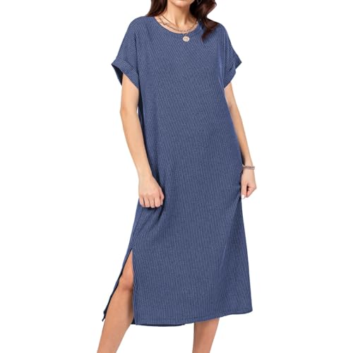 Image of Womens Casual T Shirt Dress Summer Fall Crewneck Loose Fit Side Split Knee Length Dress Ribbed Pattern with Pockets